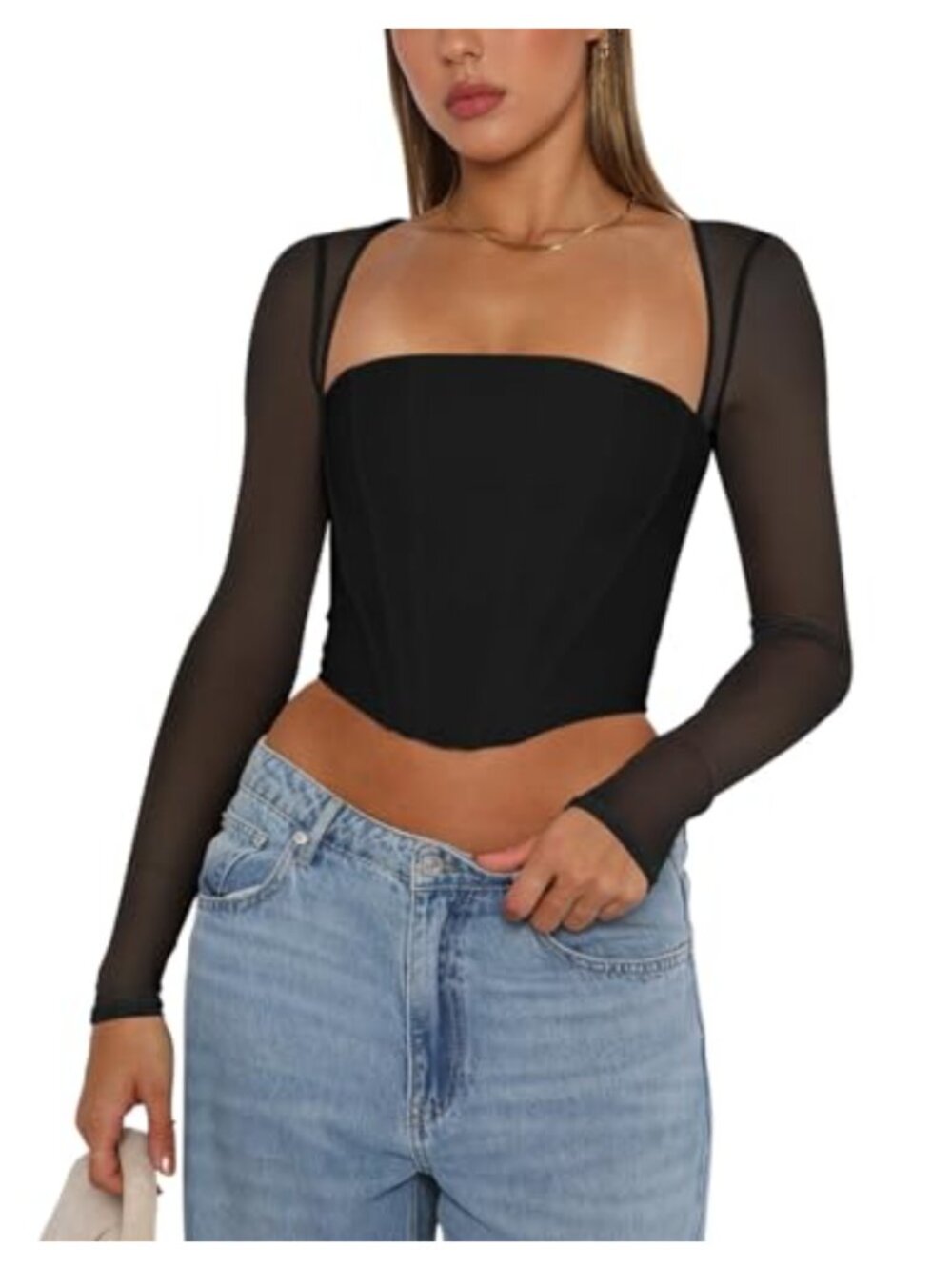 Mesh Long Sleeve Boned Corset Top Y2K Square Neck Bustier Crop
